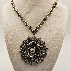 Vintage Silver Tone Rose Flower Pendant Necklace Filigree Boho Statement Jewelry